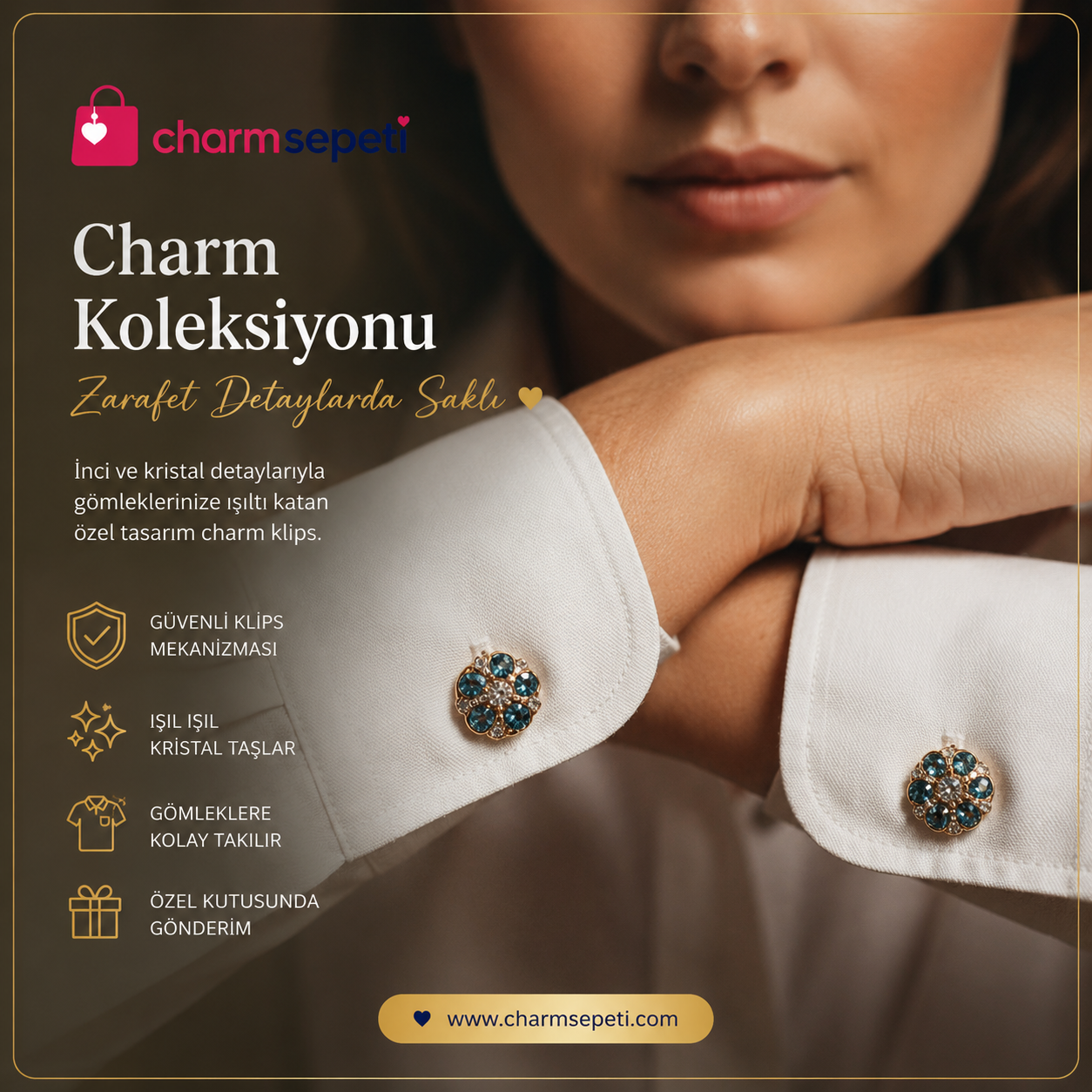Mavi Kristalli Gold Detaylı Gömlek Charmı
