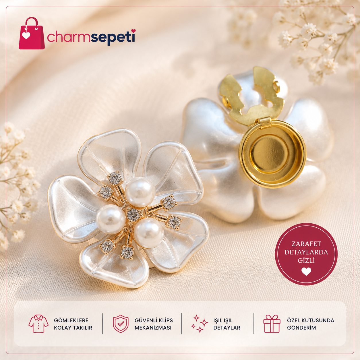 5 Yapraklı İnci ve Kristal Detaylı Gömlek Charmı