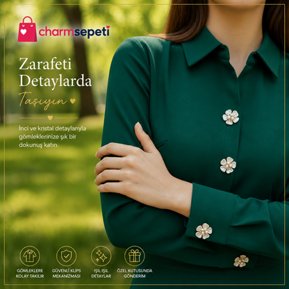 5 Yapraklı İnci ve Kristal Detaylı Gömlek Charmı