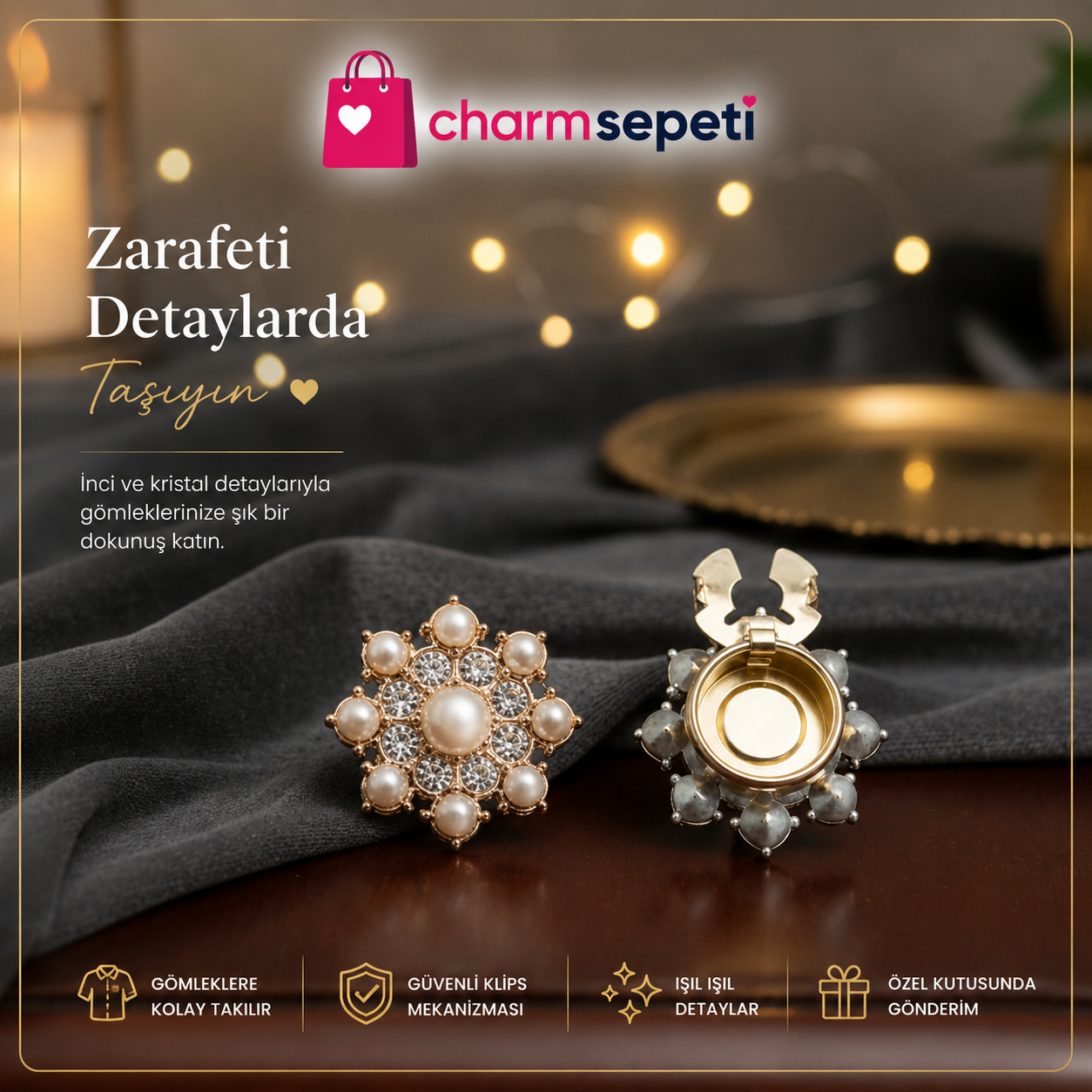 Kar Tanesi İnci Kristal Detaylı Gömlek Charmı
