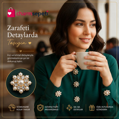 Kar Tanesi İnci Kristal Detaylı Gömlek Charmı