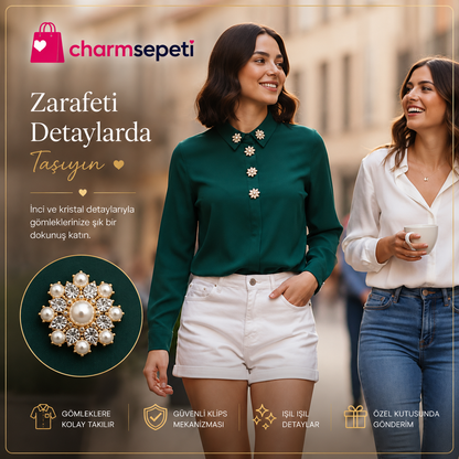 Kar Tanesi İnci Kristal Detaylı Gömlek Charmı