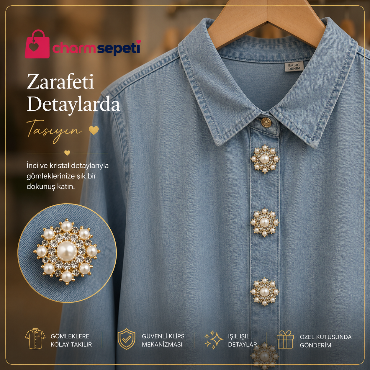 Kar Tanesi İnci Kristal Detaylı Gömlek Charmı