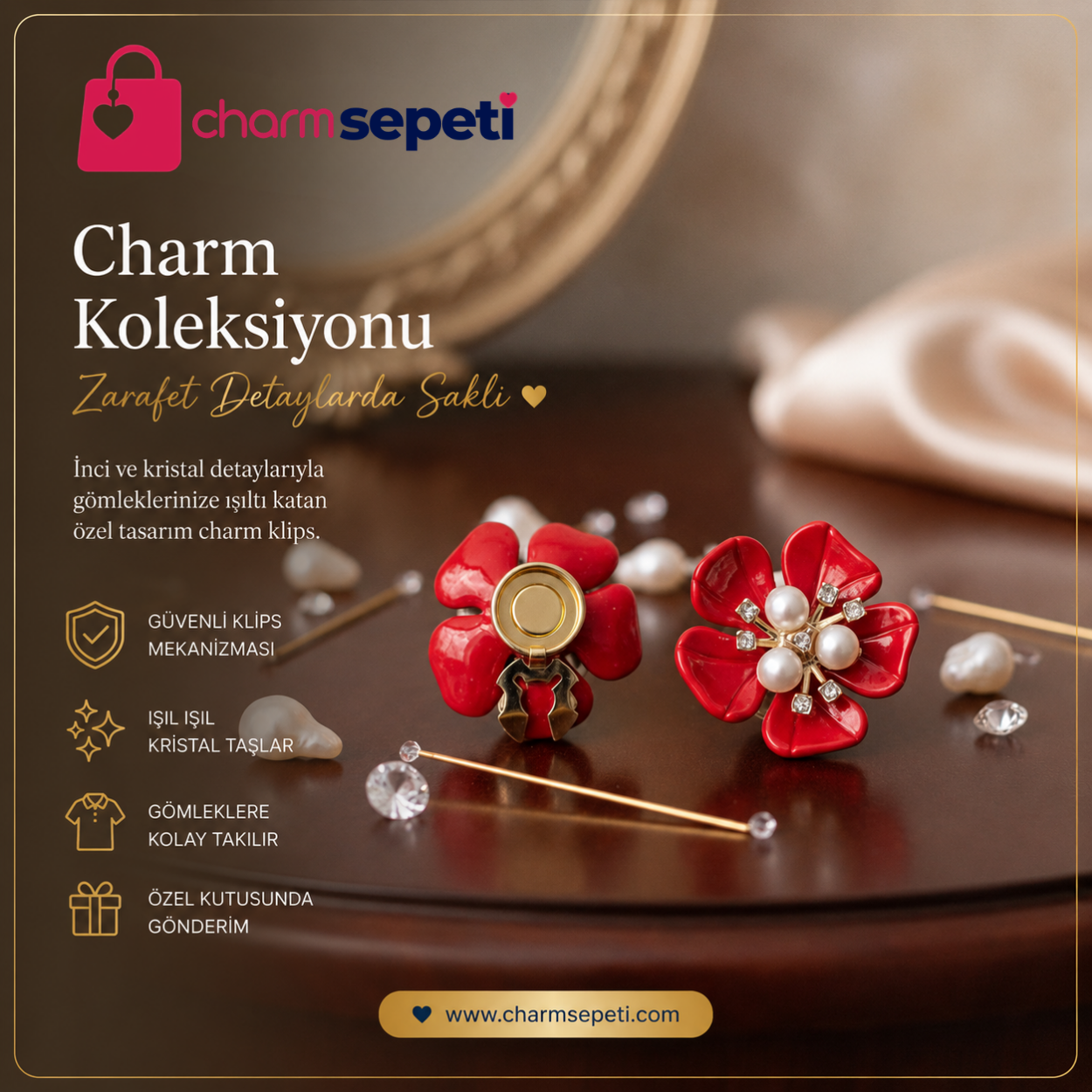 Kırmızı 5 Yapraklı İnci ve Kristalli Gömlek Charmı
