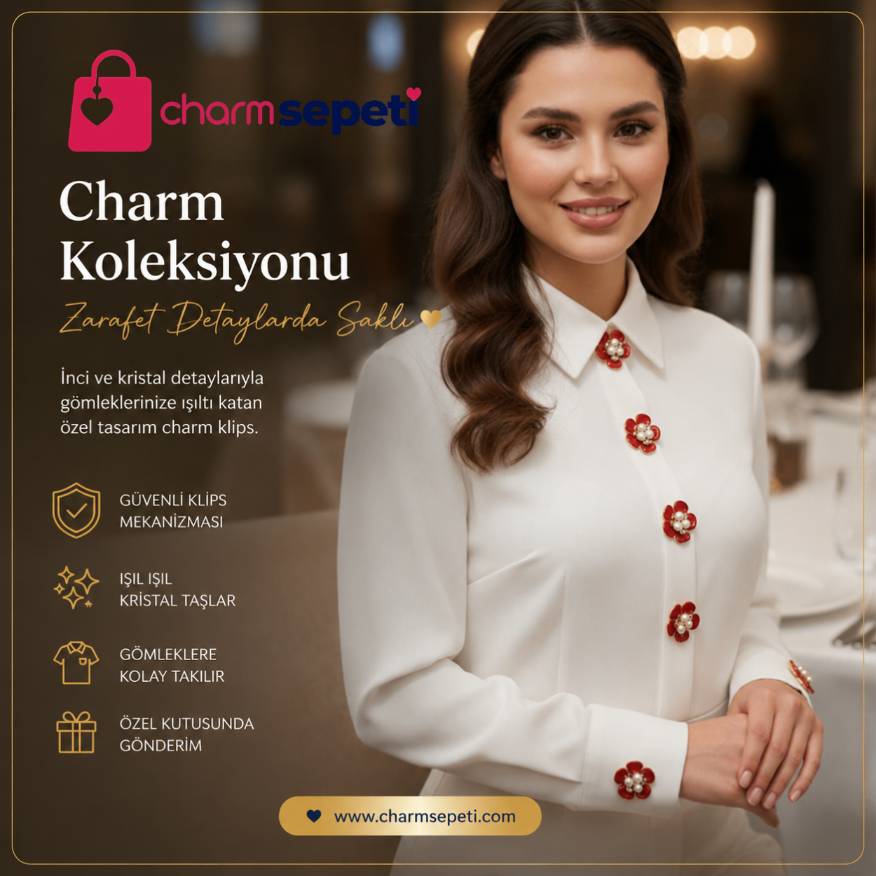 Kırmızı 5 Yapraklı İnci ve Kristalli Gömlek Charmı