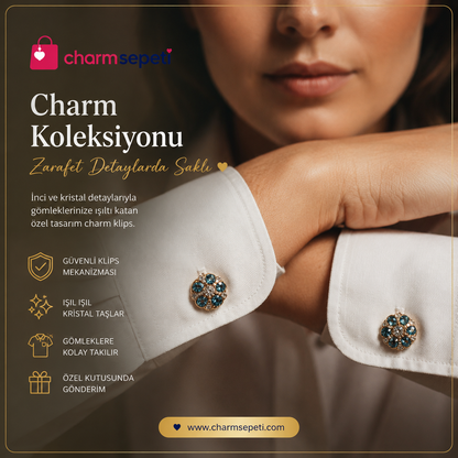 Mavi Kristalli Gold Detaylı Gömlek Charmı